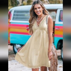 Cupshe Beige Linen Eyelet Sleeveless Mini Dress